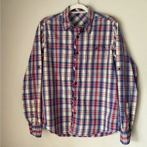 Stile Benetton plaid shirt w/ unique cuff design and ability to roll. Well made.